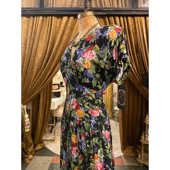 1980s midi dress, black floral rayon, 80s does 40s, 1940s style, medium, scarlet - Picture 7 of 10